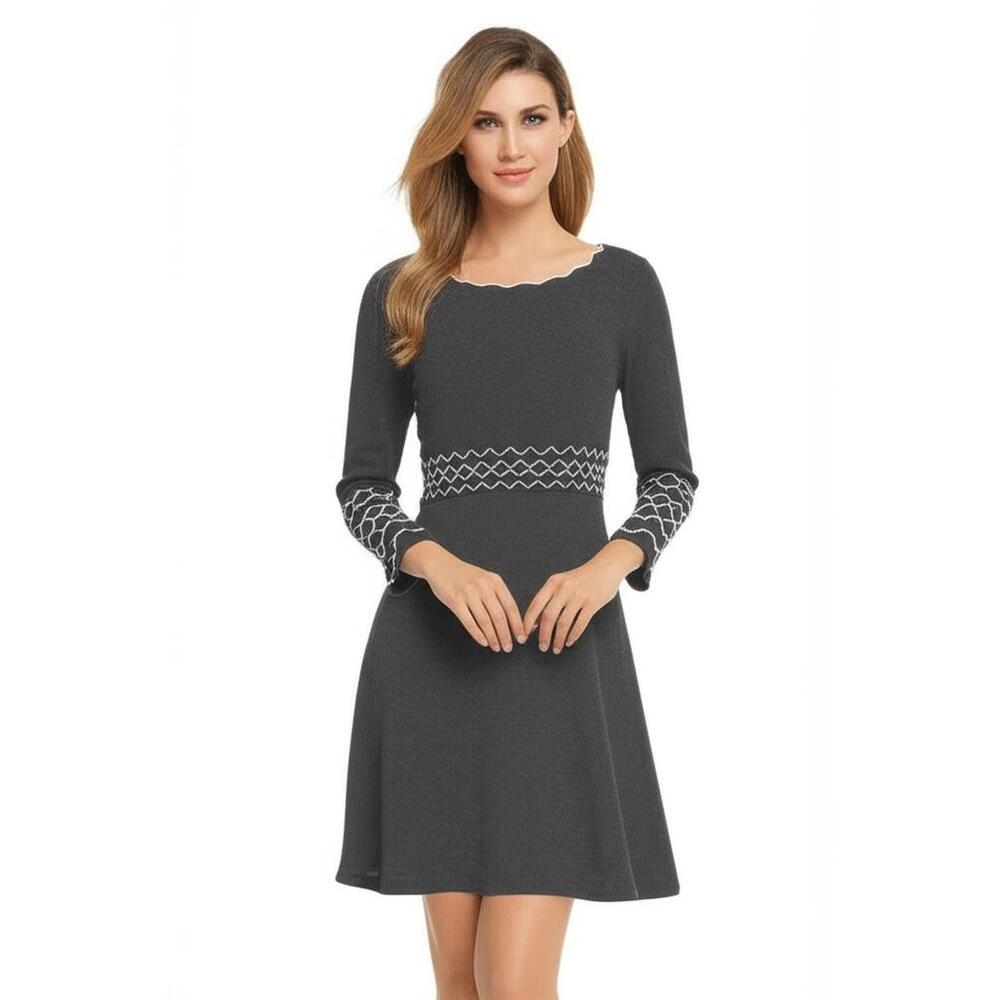 Danny & Nicole A-Line Dress Dark Gray Scalloped Zigzag Geometric Knit Stretch‎